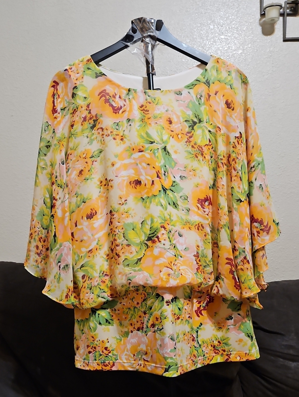 Coco Bianco Yellow Floral Chiffon Peasant Blouse